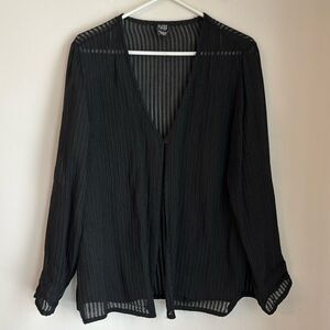 Eileen Fisher Women sheer black stripped single button cardigan wool blend top M